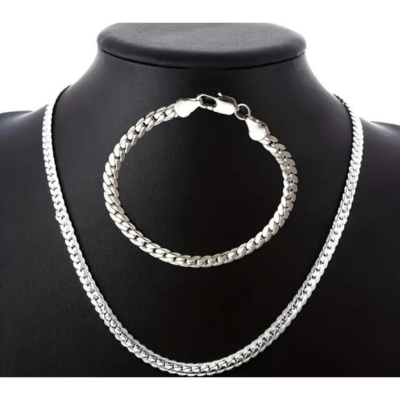 925 Sterling Silver Flat Link Chain Necklace & Bracelet Set - Picture 1 of 9